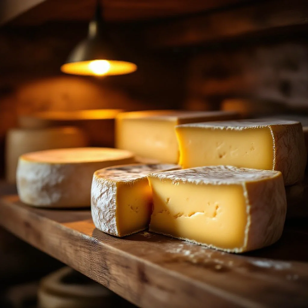 French artisan cheese wheels on a wooden shelf