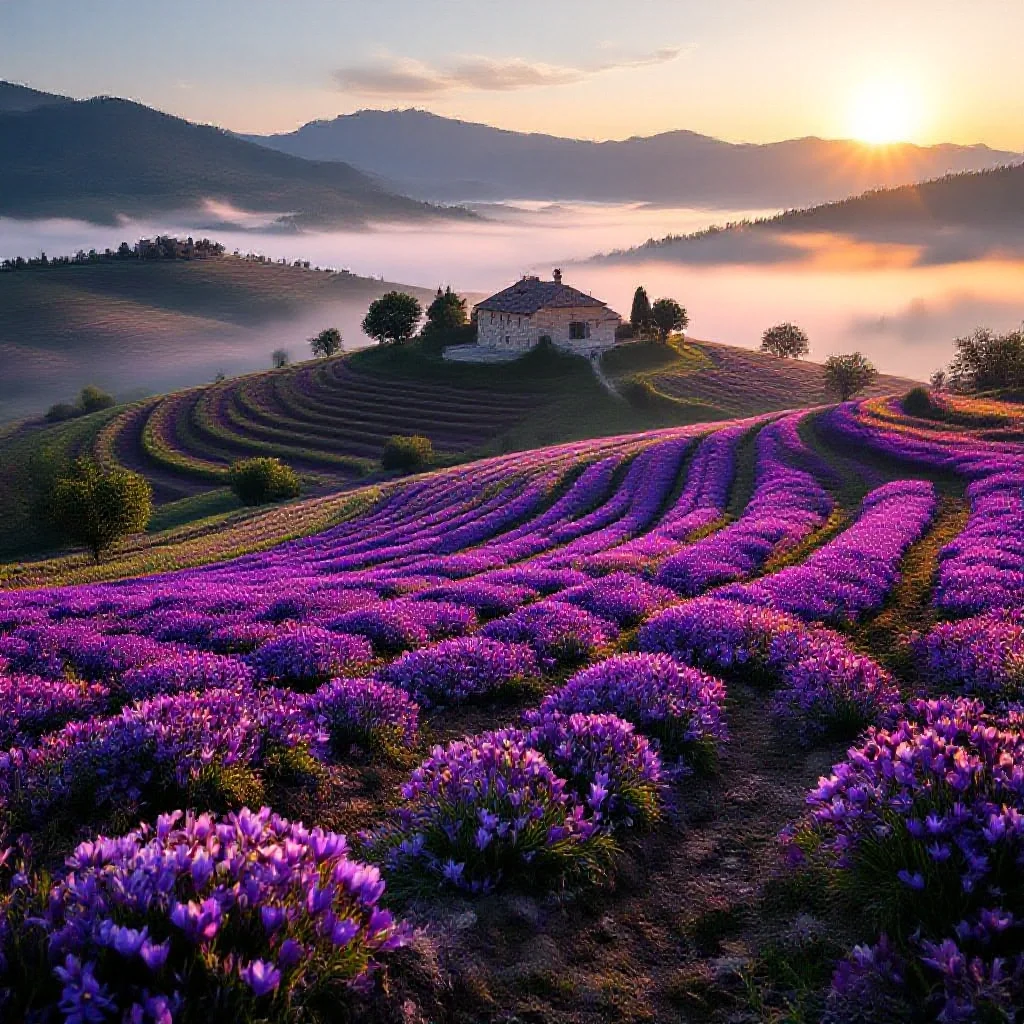 Terraced saffron fields in the French Quercy region