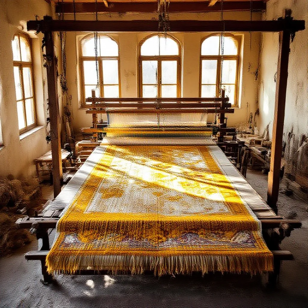 An aerial-like view of a traditional Persian carpet weaving workshop