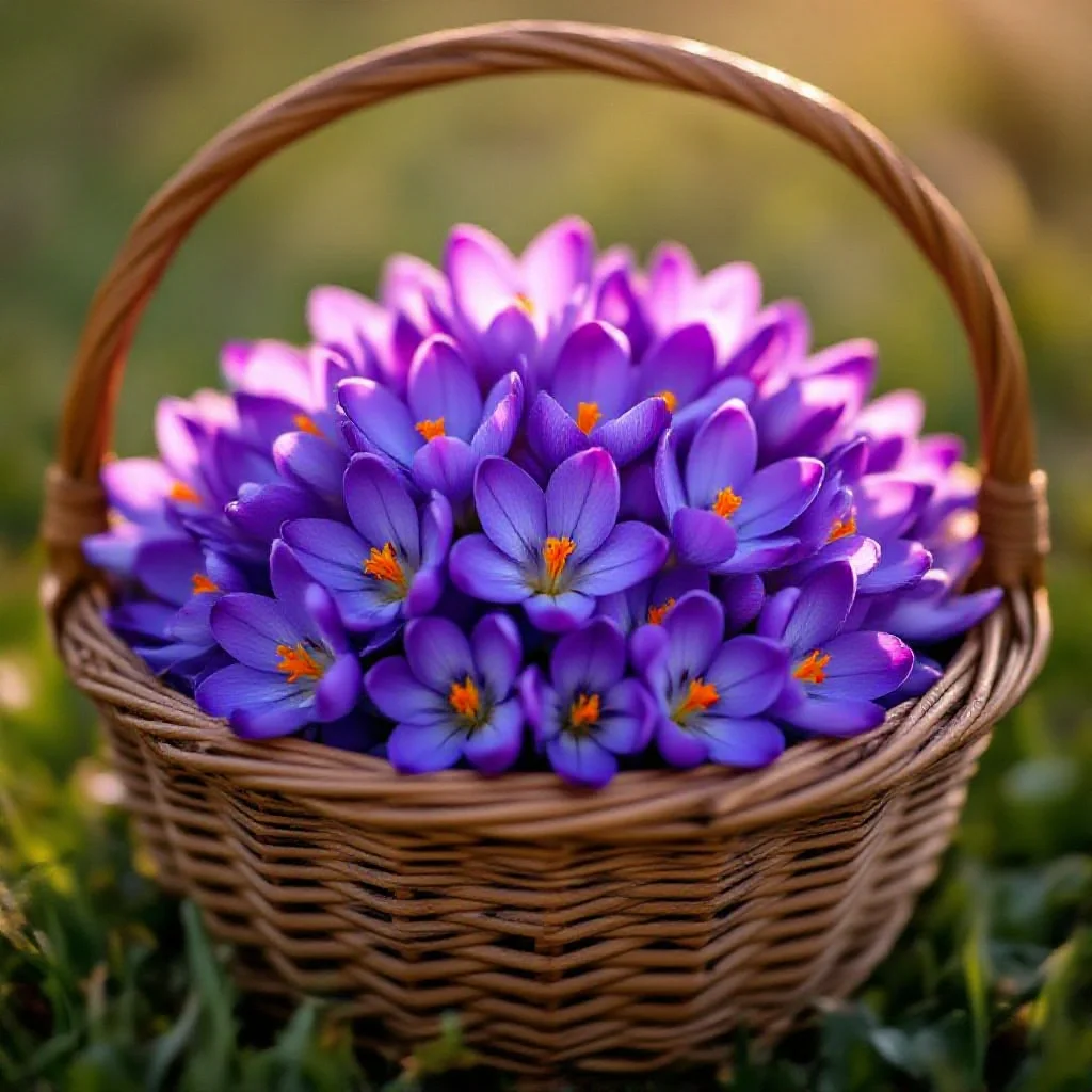 A woven basket brimming with freshly harvested Crocus sativus flowers