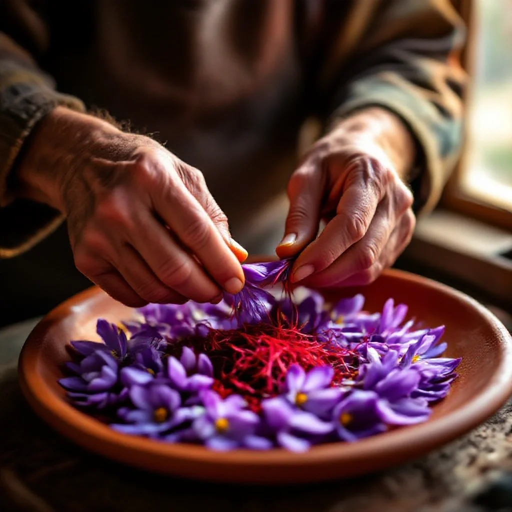 Gnarled Spanish farmers' hands separating saffron stigmas from purple crocus...
