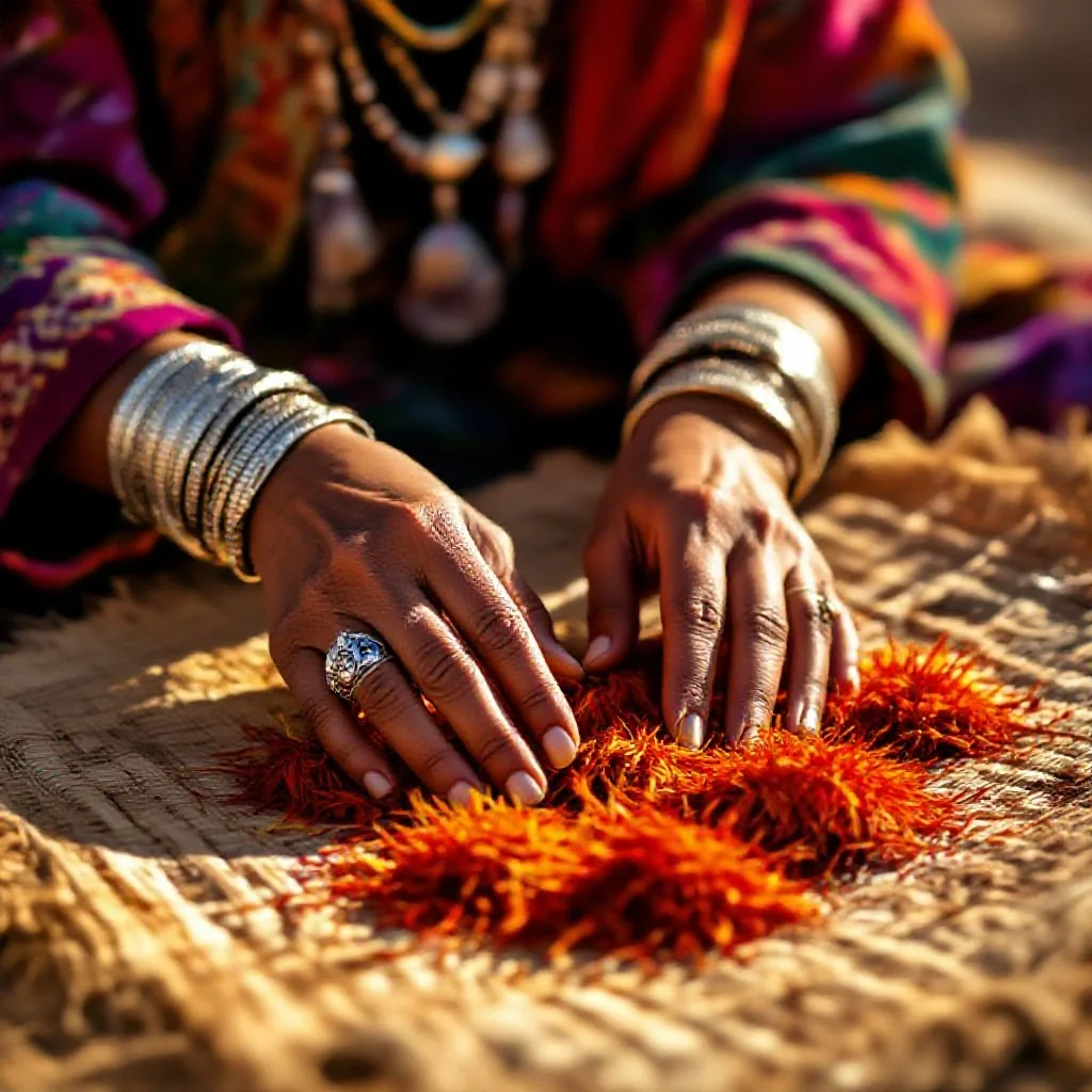 A Moroccan Berber woman's hands in traditional silver jewellery laying out...