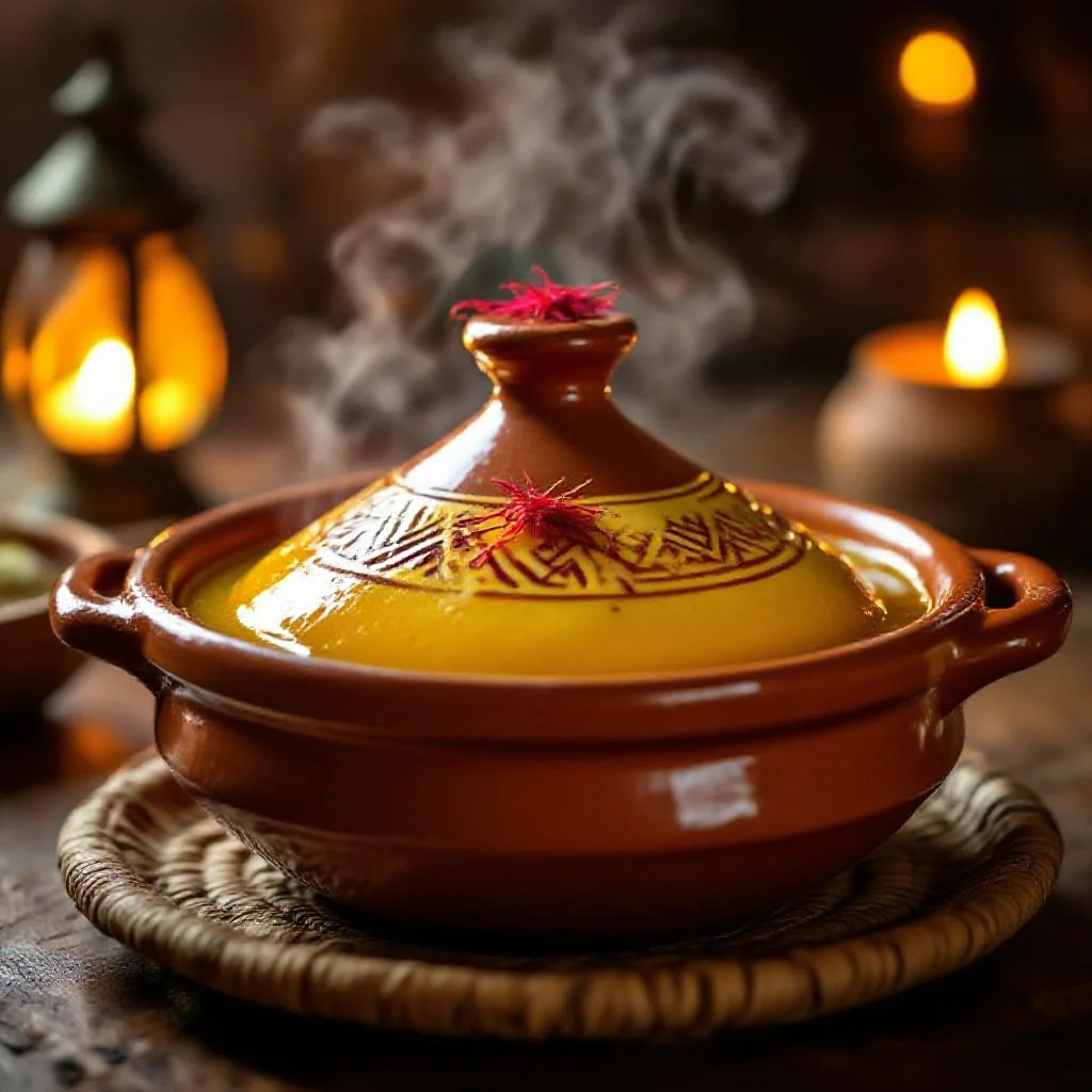 A traditional Moroccan clay tagine dish with a rich golden saffron-infused broth