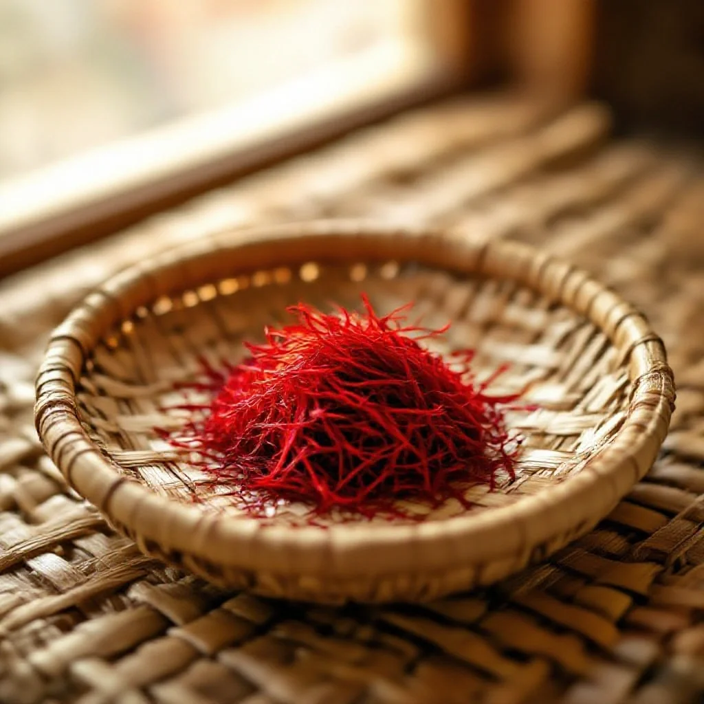 Raw dried saffron threads from Taliouine spread on a traditional Berber...