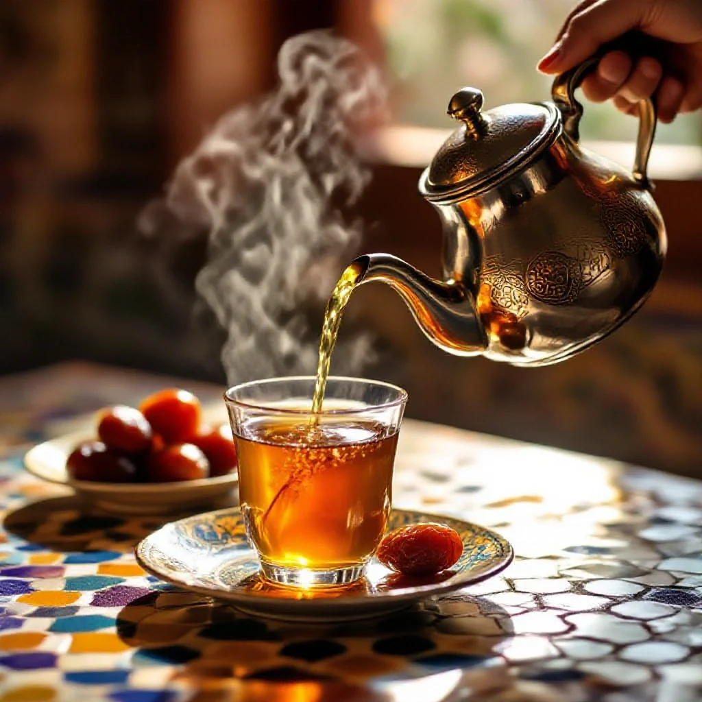 A glass of golden Moroccan saffron tea being poured from a silver teapot...