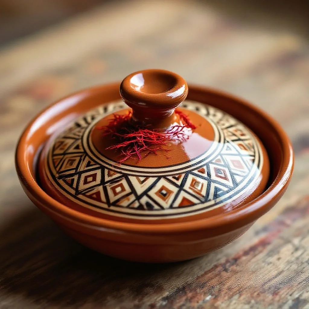 A traditional Moroccan ceramic tajine lid decorated with geometric patterns