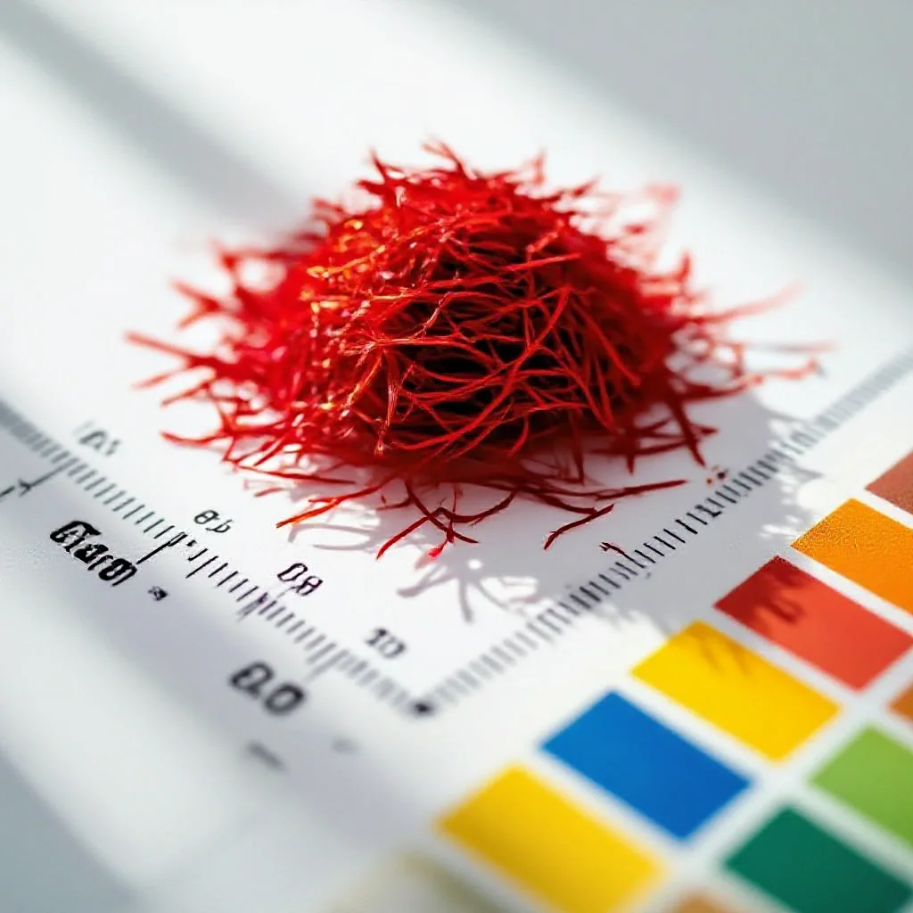 A pile of premium saffron threads on a pristine white surface with a ruler...