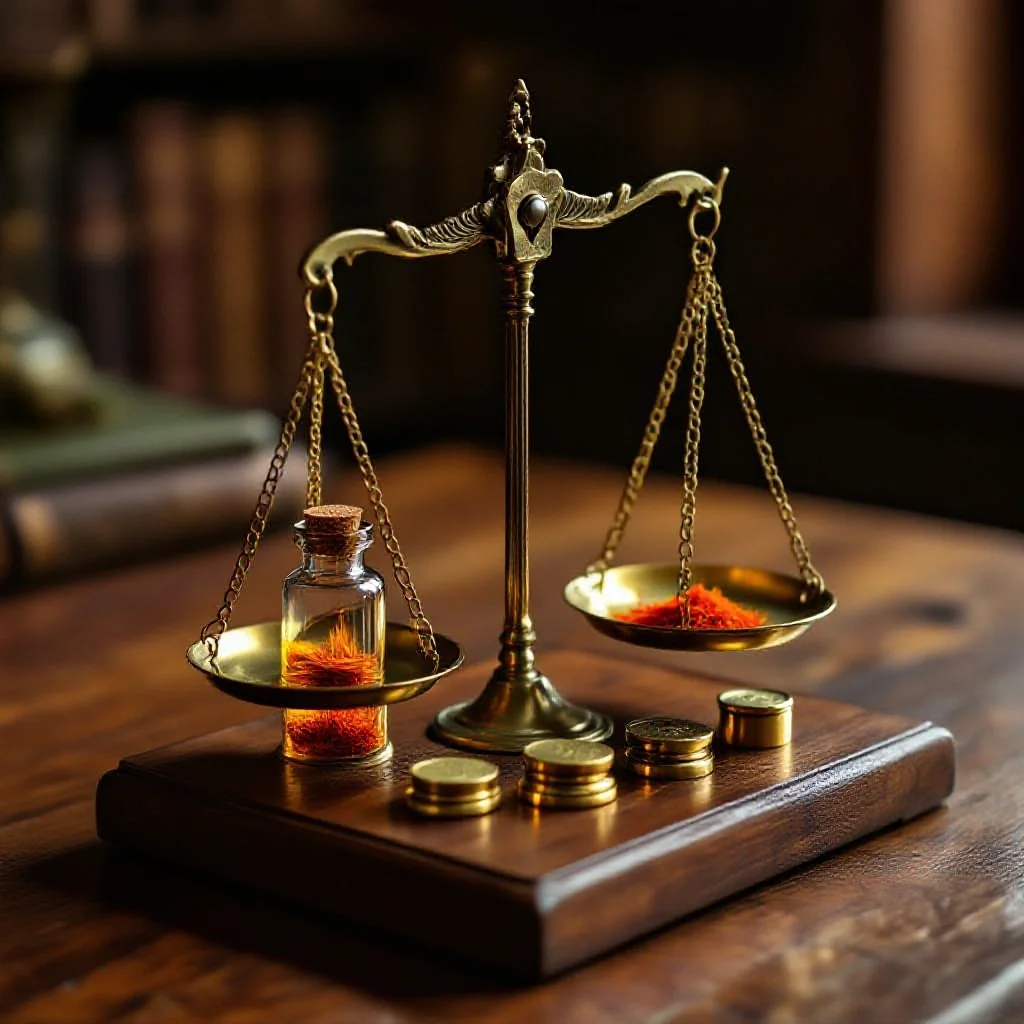 An antique brass balance scale with a small glass vial of saffron on one pan...