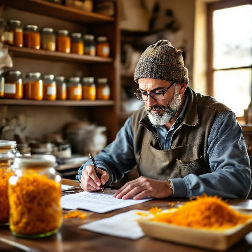 A saffron producer filling out official grading documentation at a desk