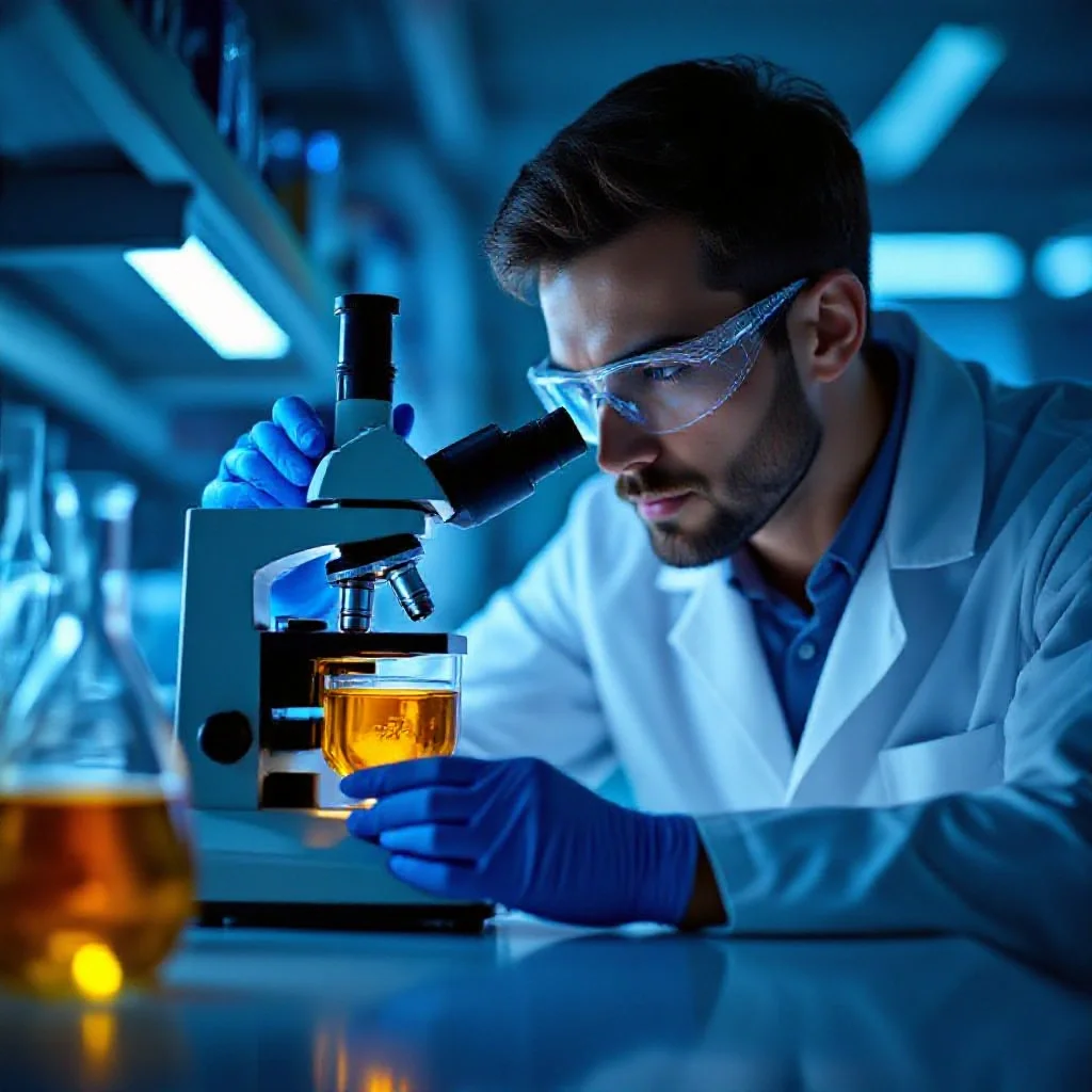 A scientific spectrometer machine analysing a saffron extract liquid