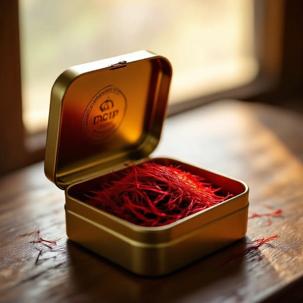 Premium saffron threads inside an open DOP certified tin box