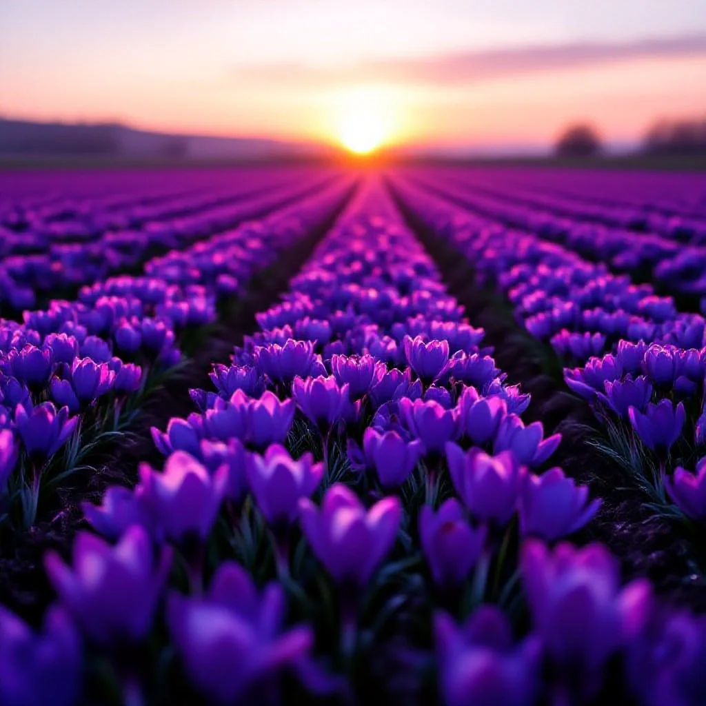 A pristine saffron field just before dawn harvest