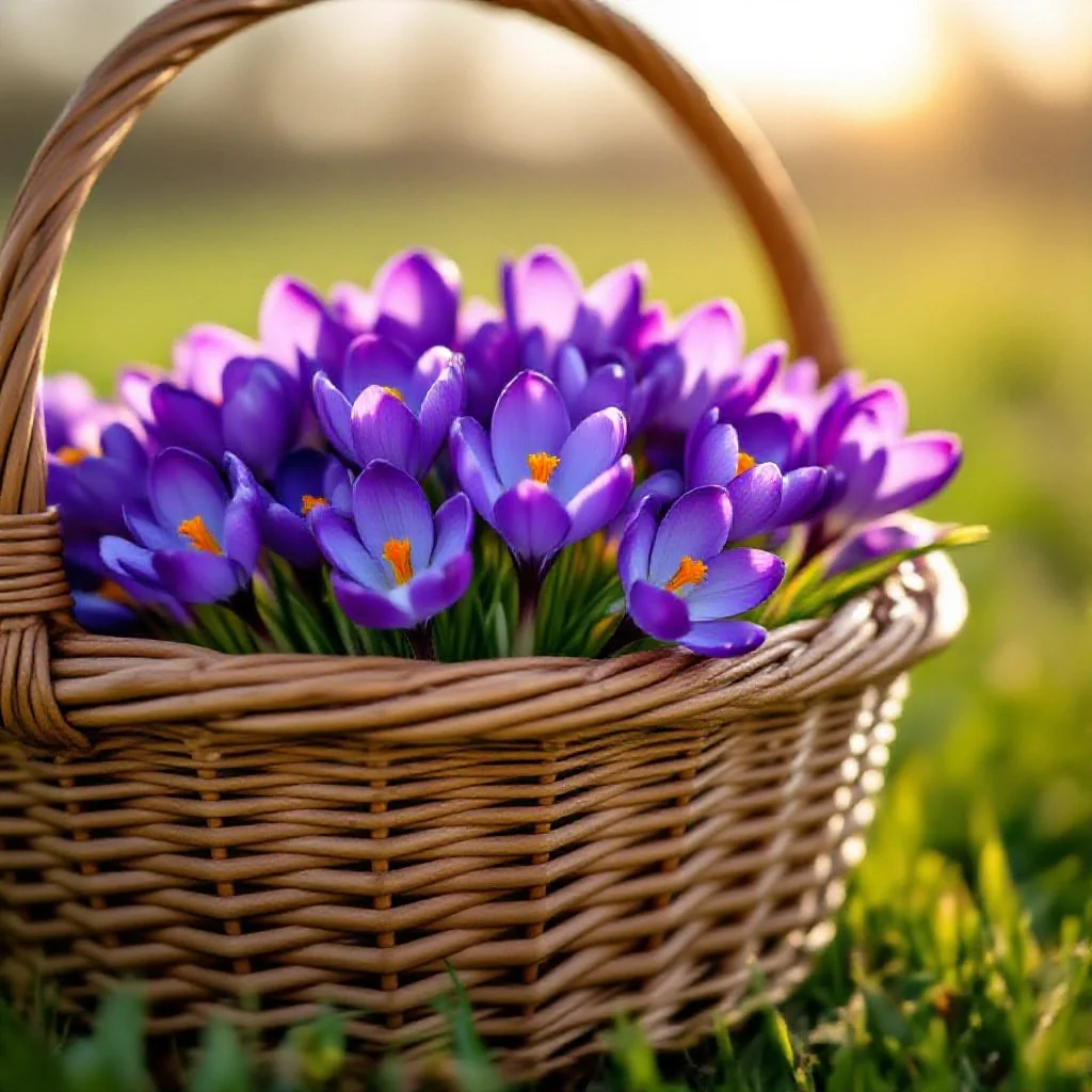 A harvester's wicker basket rim with fresh purple crocus flowers piled just...