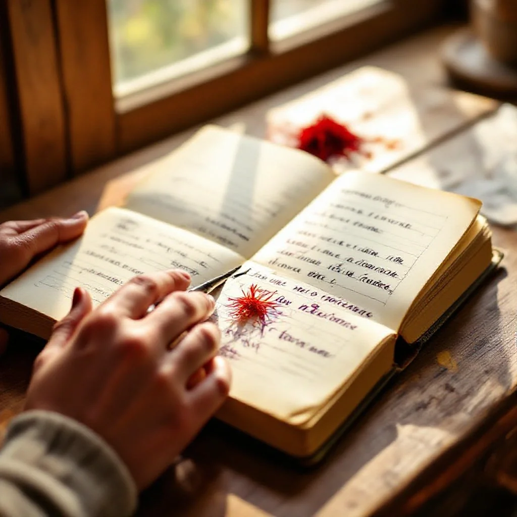 A hand-written harvest journal open on a wooden table