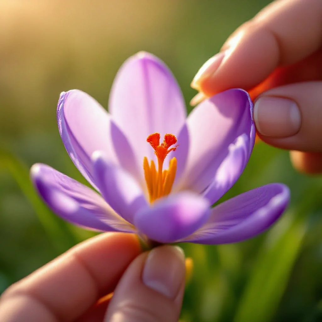 A Crocus sativus flower being opened at the base by careful fingernails