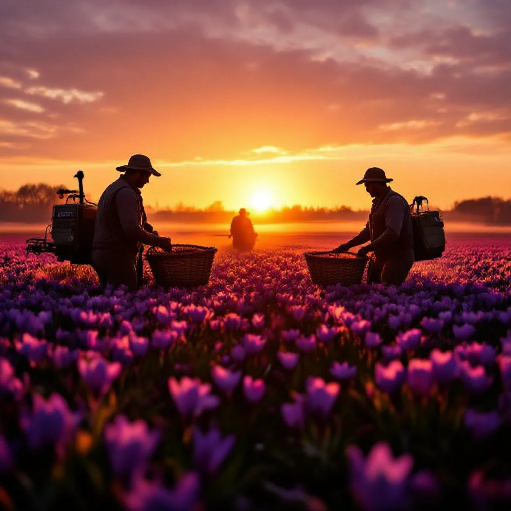 Harvesters working across a field of purple crocus at dawn