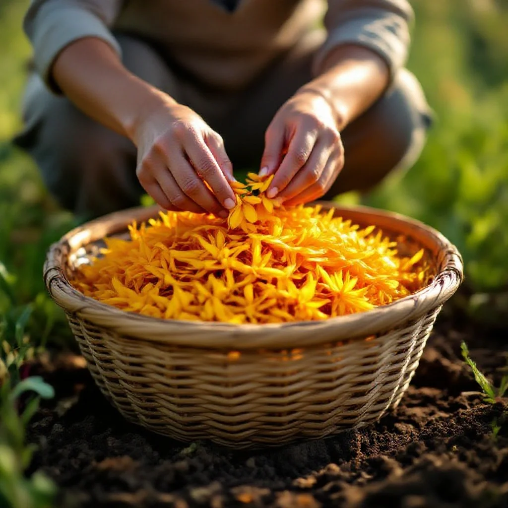 A flat woven basket overflowing with freshly picked saffron flowers