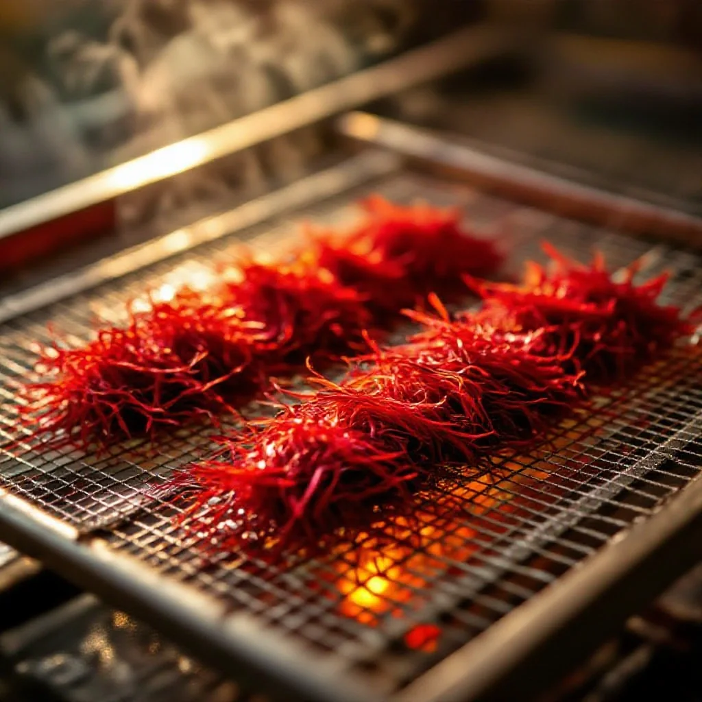 Saffron stigmas laid out on a fine metal mesh drying rack over a low heat source