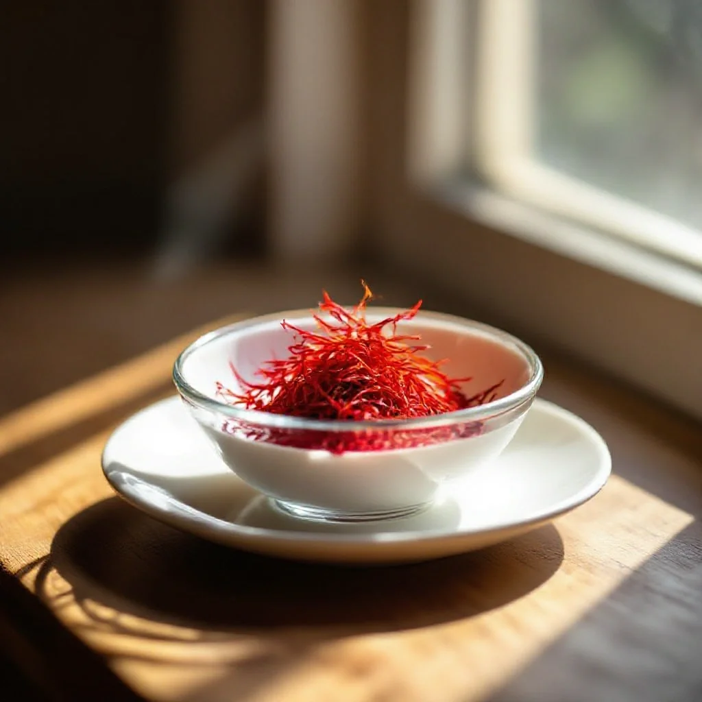 A small glass bowl filled with freshly dried saffron threads