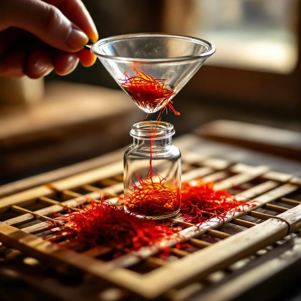 Dried saffron threads being transferred from a drying rack into a small...